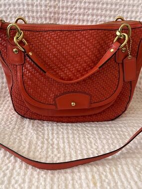 Coach F23048 Kristin Woven Orange Coral Leather Large Hobo Shoulder Bag Purse